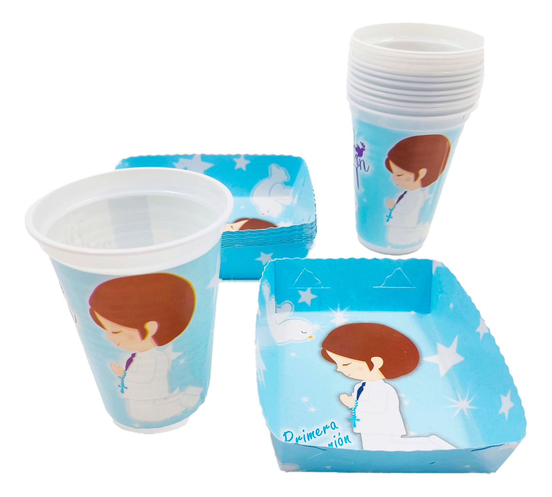 Kit 12 Vasos Platos Decorativos Primera Comunion Niño Oferta