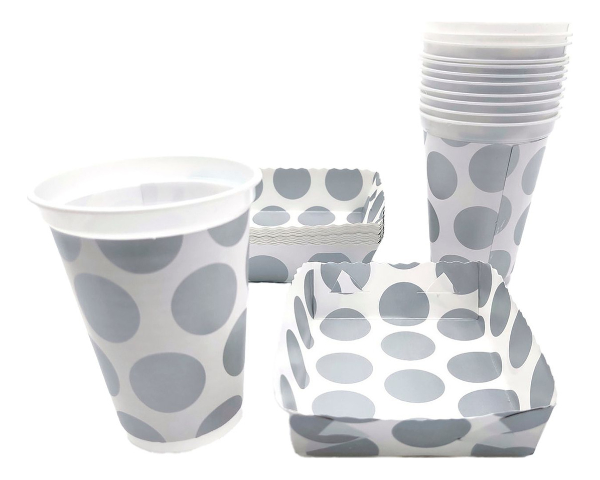 Kit Fiesta Vasos Platos Puntos Plateados Polka X12 Units