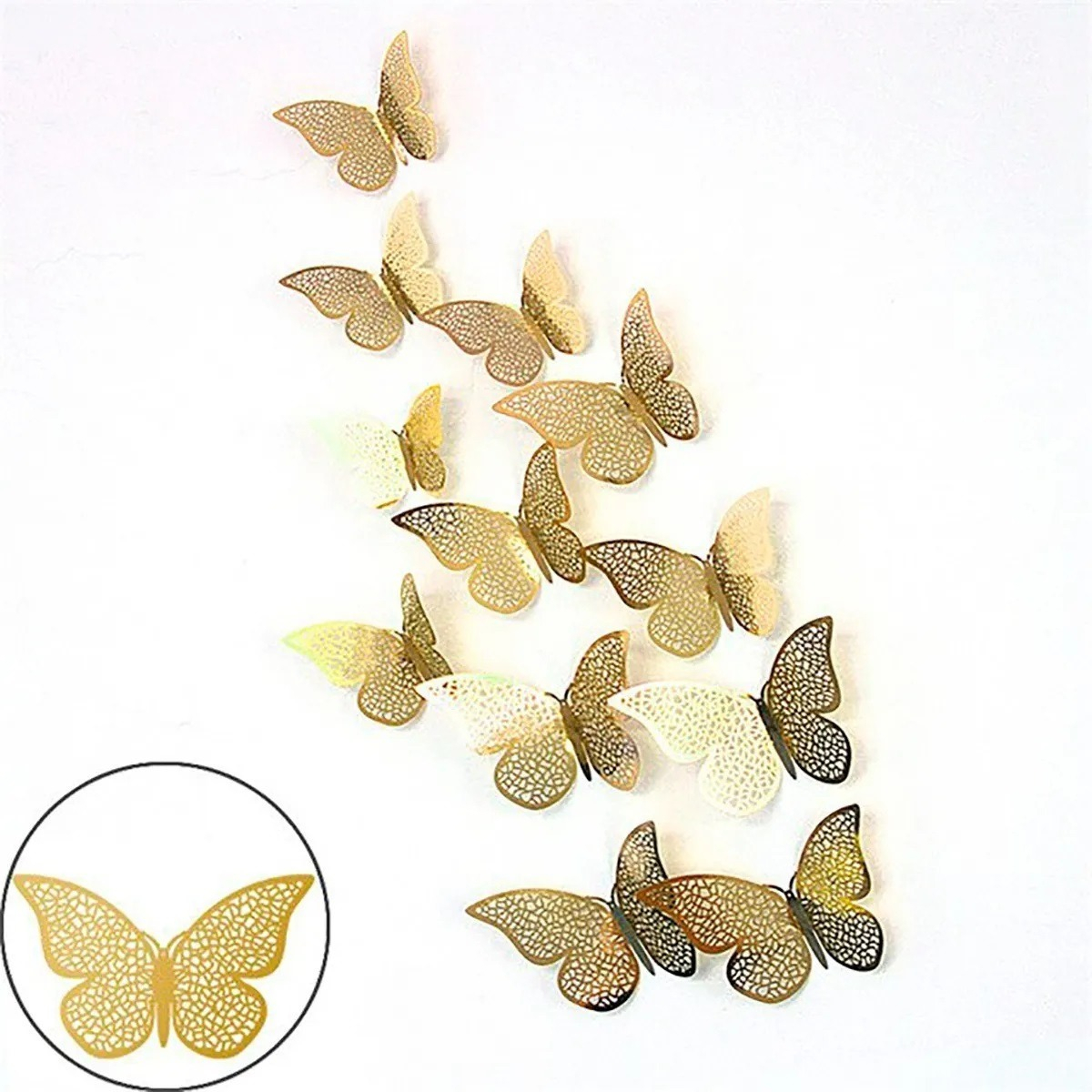 12 Mariposas Decorativas 3d Metalizadas Adhesivas Doradas - Imagen 8