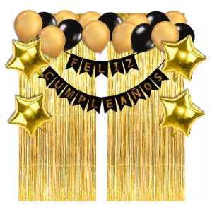 Kit Decoracion Cumpleaños Dorado Negro Estrellas Cortina