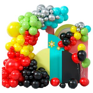 Kit Fiesta Decoracion Globos Rojo Amarillo Verde Plateado