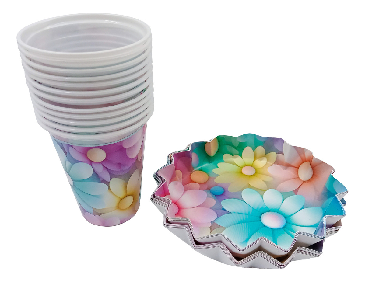 Kit Vasos Estrella Flor Margarita Cumpleaños Fiesta Arcoiris