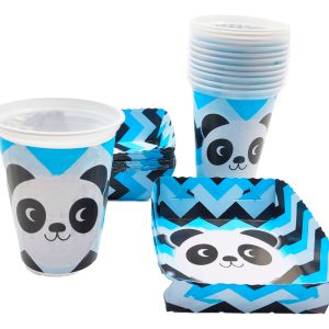 Kit 12 Vasos 12 Platos Decorativos Panda Azul