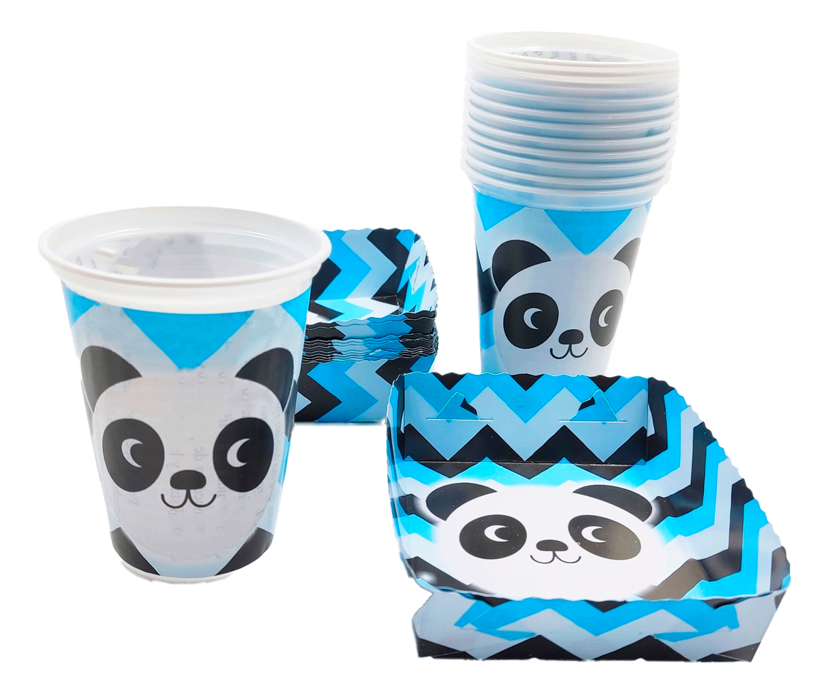 Kit 12 Vasos Platos Decorativos Panda Azul Comprar Oferta