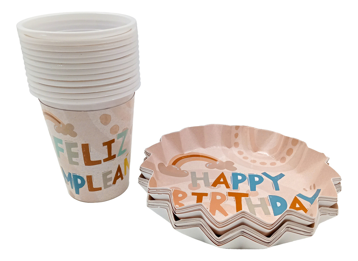Kit Vasos Platos Arcoiris Cumpleaños Candy Crema Fiesta Hoy
