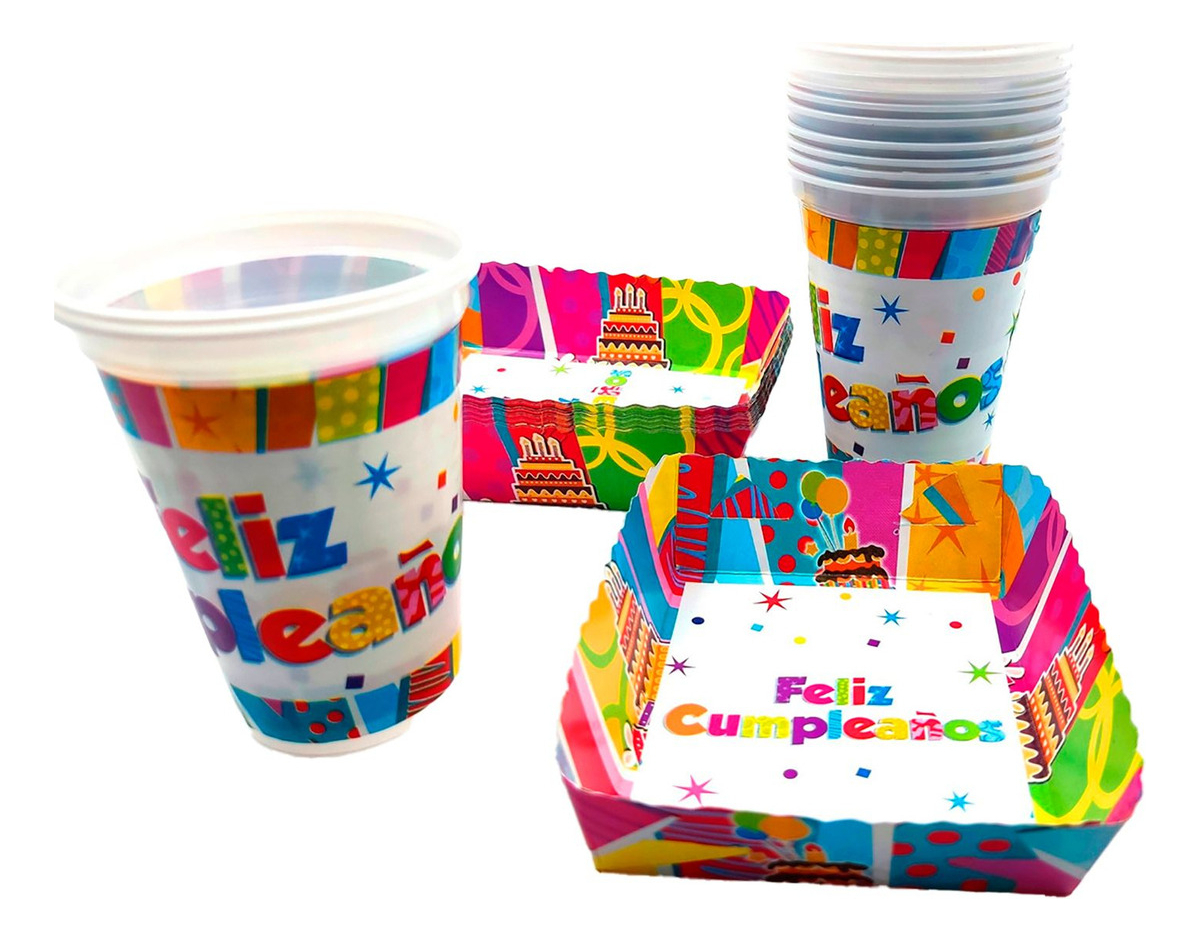 Kit Fiesta Cumpleaños Vasos Platos Multicolor X 12 Units