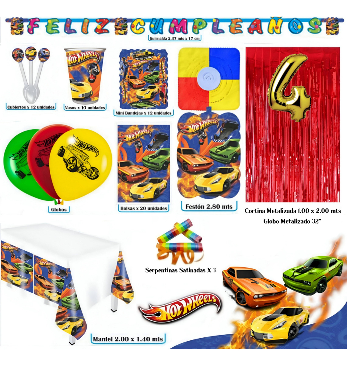 Kit Hot Wheels Cortina Carros Mantel Vasos Platos Guirnalda - Imagen 2