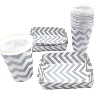 Kit Fiesta Vasos Y Platos Lineas Plateado X 12 Units