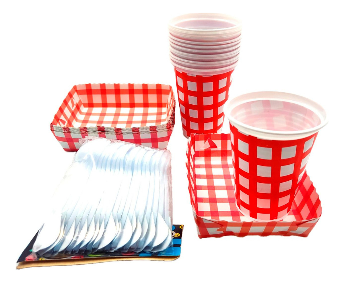 Kit Vasos Platos Cubiertos Rojo Cuadros Picnic X12 Units