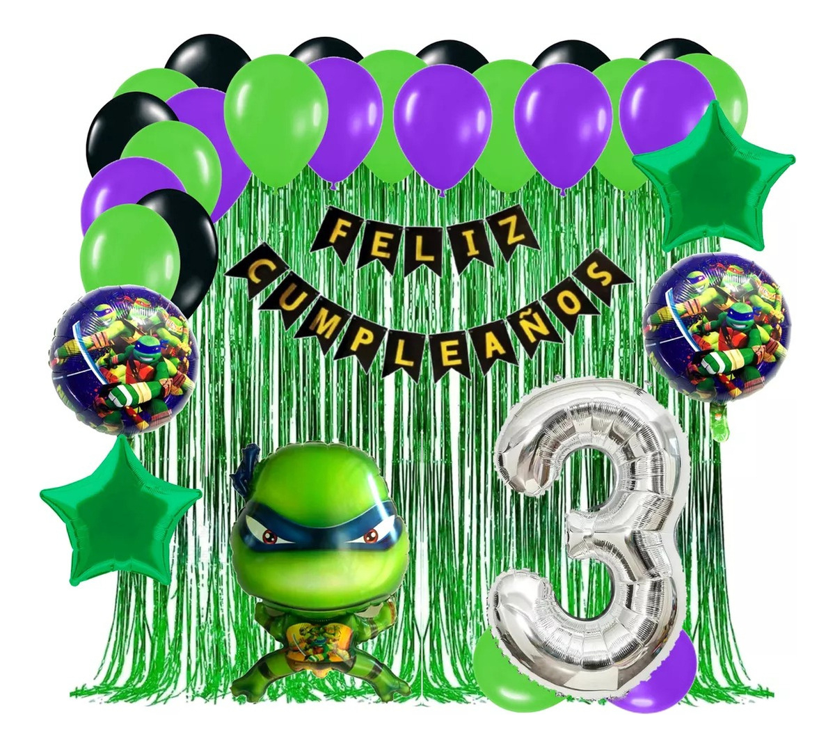 Kit Globos Tortugas Ninjas Cumpleaños Cortina Verde Niño - Imagen 3