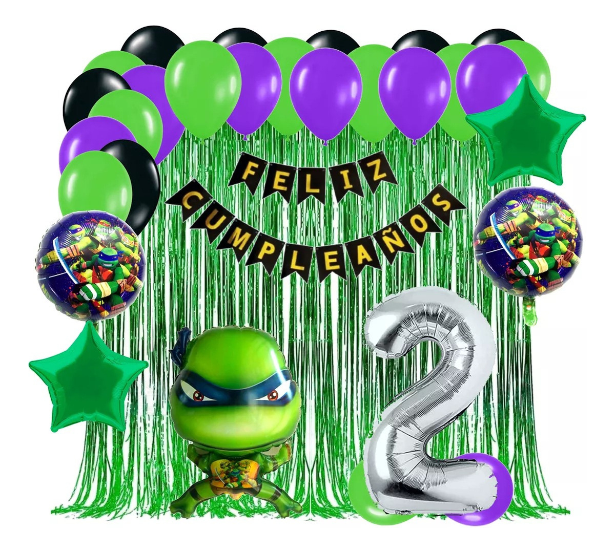 Kit Globos Tortugas Ninjas Cumpleaños Cortina Verde Niño - Imagen 2