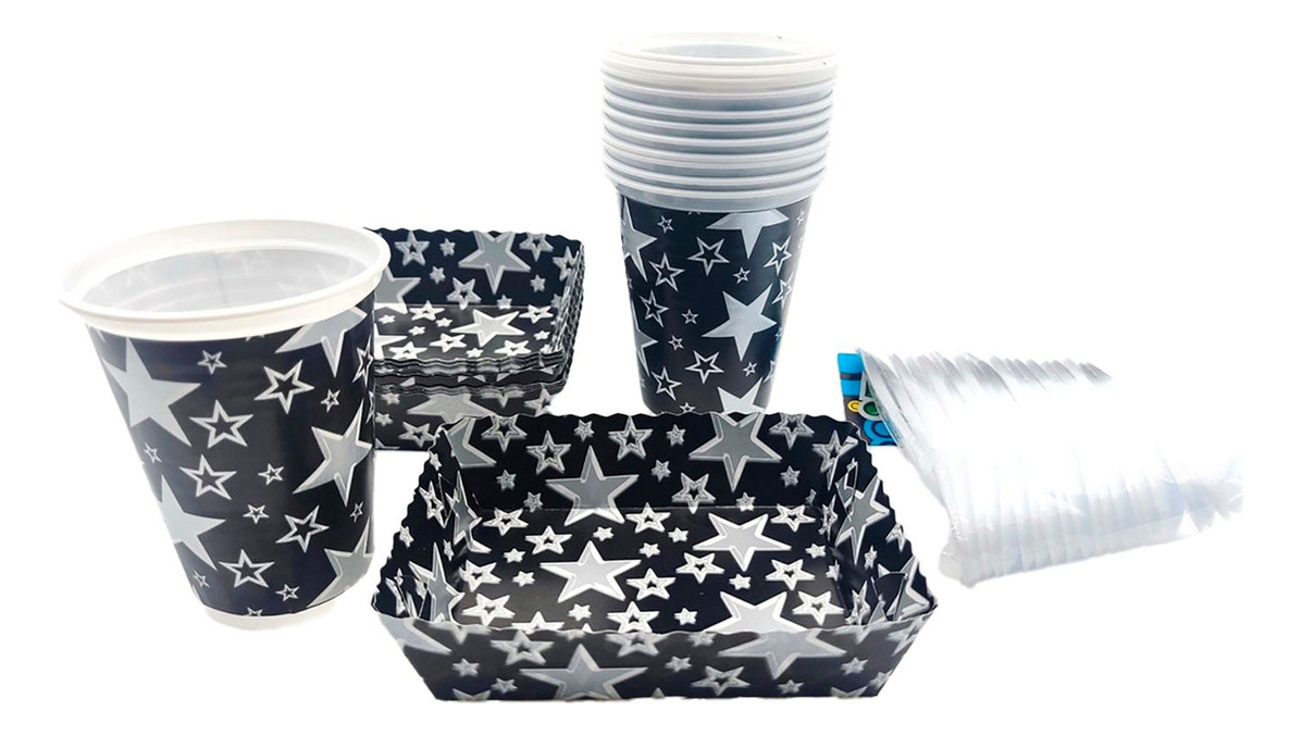 Kit Fiesta Vasos Platos Cubiertos Negro Estrellas Plateado