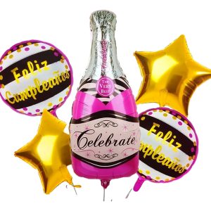 Decoracion Globo Botella Champaña Cumpleaños Dorado Rosado
