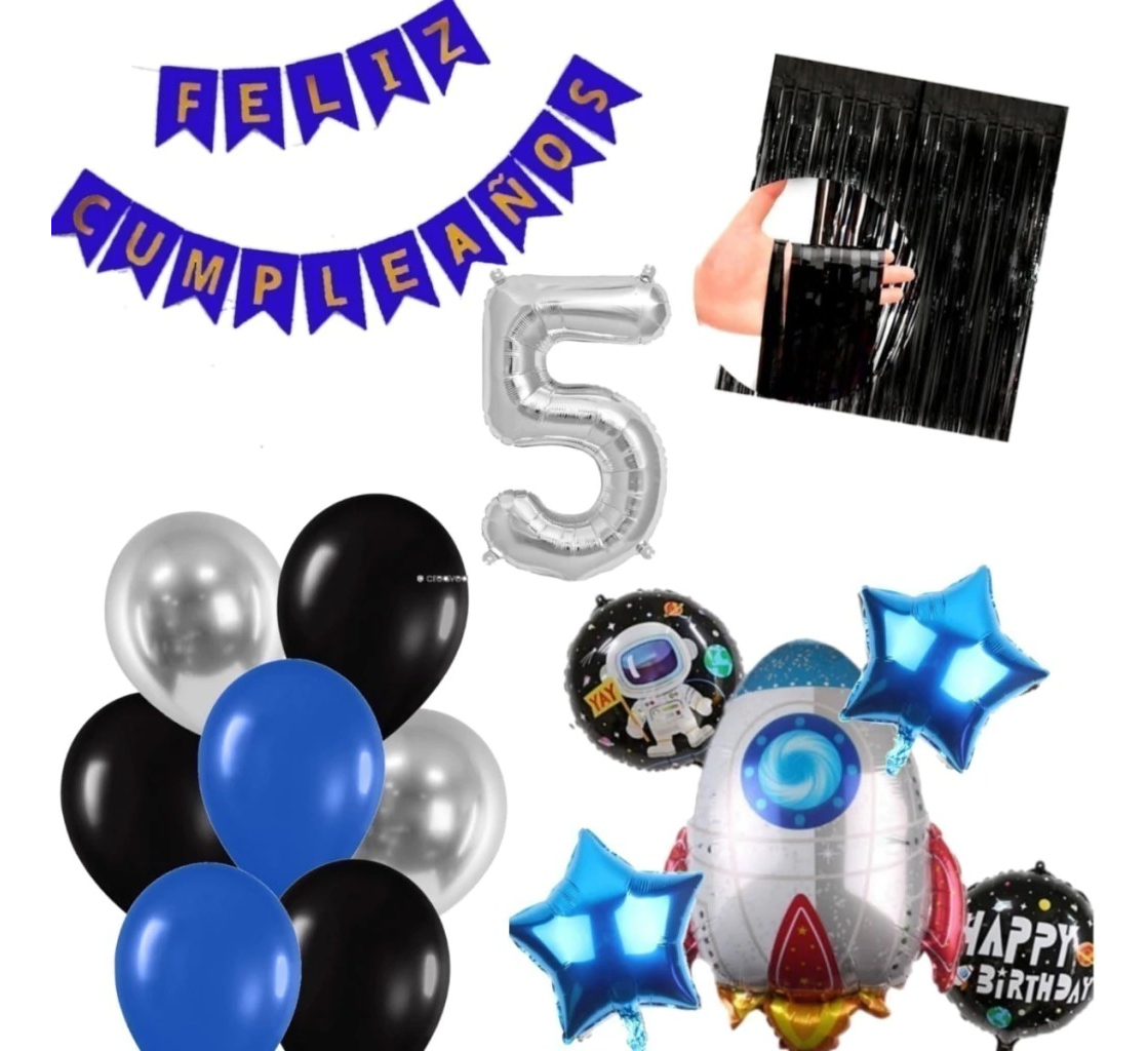 Bouquet Globos Feston Azul Cohete Cortina Espacial Niño Top - Imagen 5