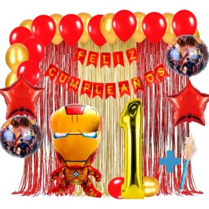 Kit Globos Decoracion Iron Man Cortina Dorado Rojo Numero
