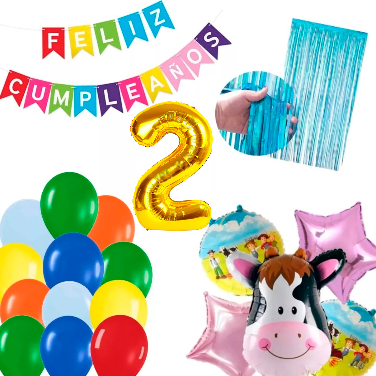 Kit Globos Decoracion Vaca Granja Numero Cortina Azul Dorado - Imagen 7