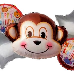 Bouquet Kit Globos Mono Selva Plateado Feliz Cumpleaños Hoy
