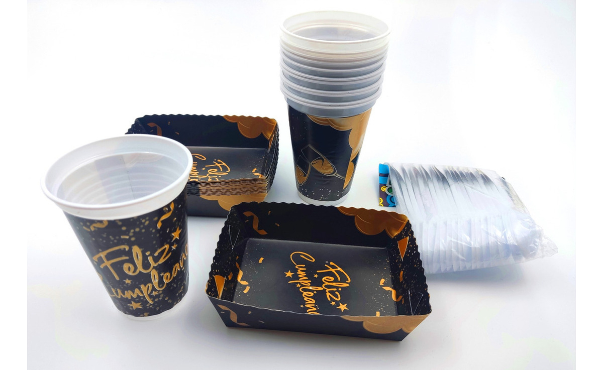 Kit Platos Vasos Cubiertos Cumpleaños Dorado Negro X 12 Hoy - Imagen 2