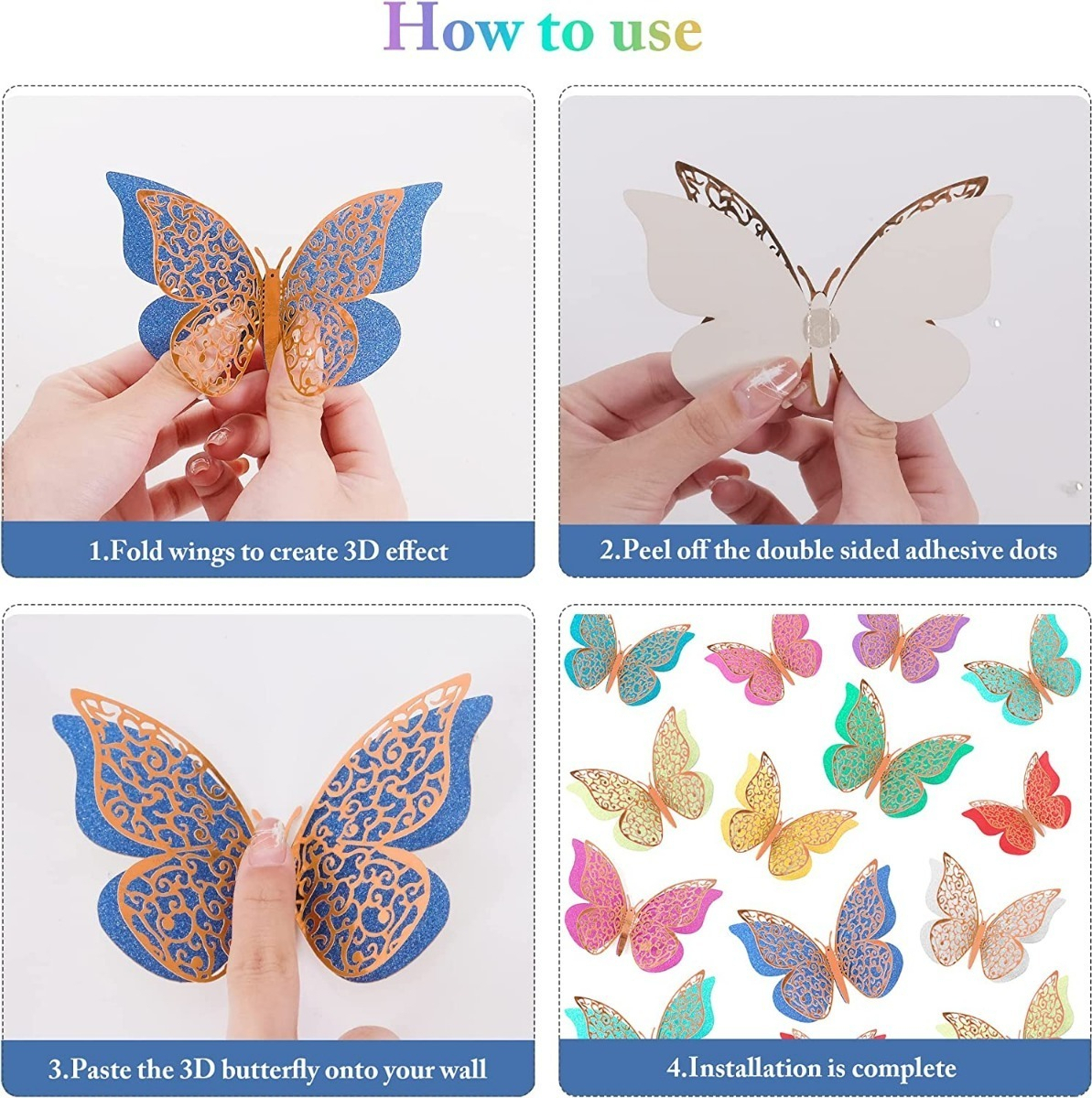 12 Mariposas 3d Papel Metalizado Decorativas Pared Oro Rosa - Imagen 4