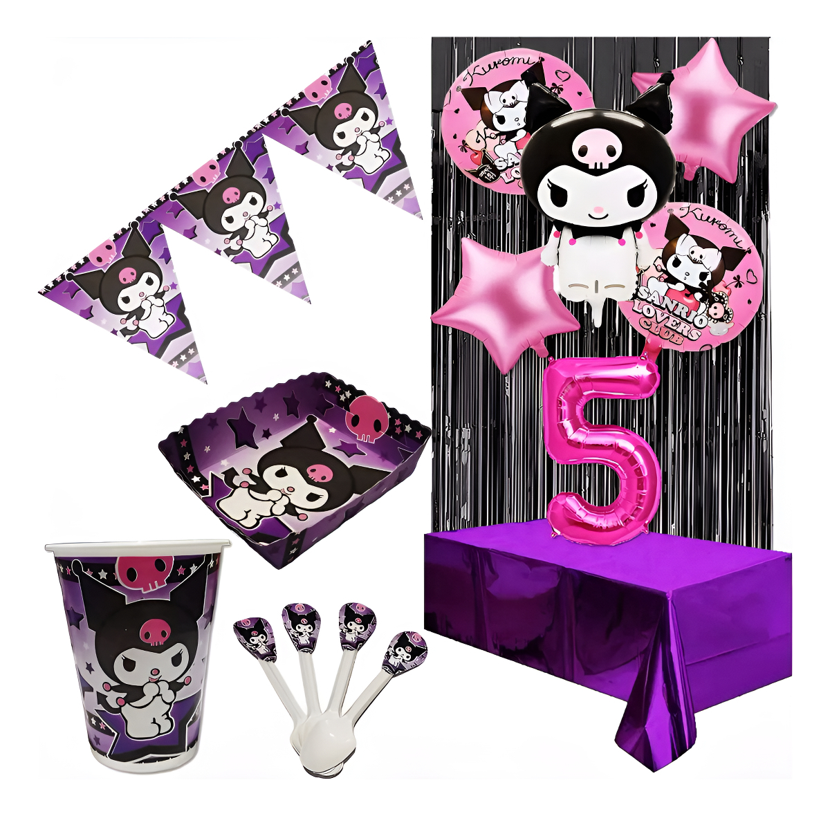Kit Fiesta Kuromi Cumpleaños Cortina Mantel Negro Feston