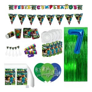 Kit Minero Cumpleaños Bloques Vasos Platos Globos Mantel