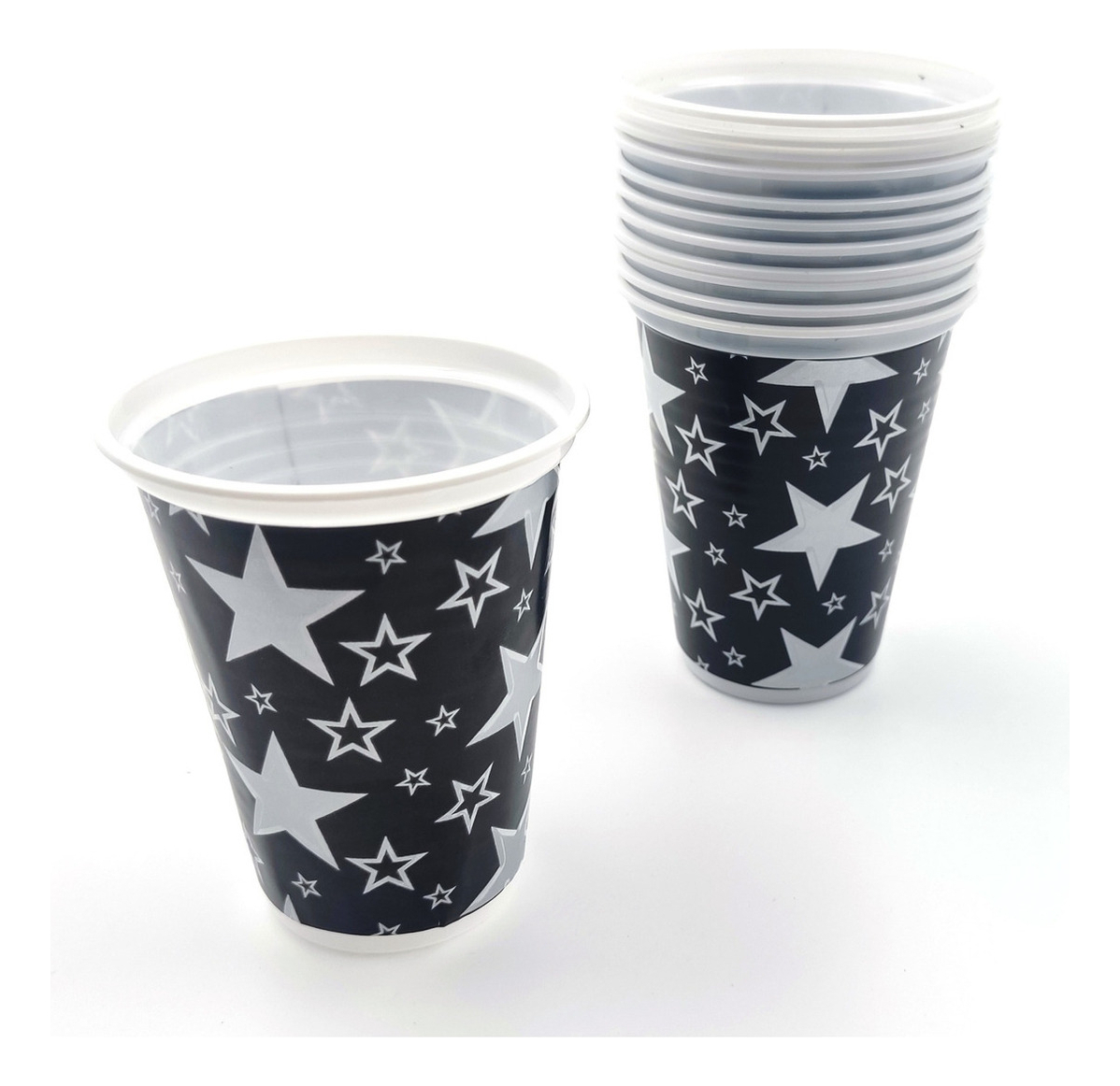 Kit Fiesta Vasos Platos Cubiertos Negro Estrellas Plateado - Imagen 3