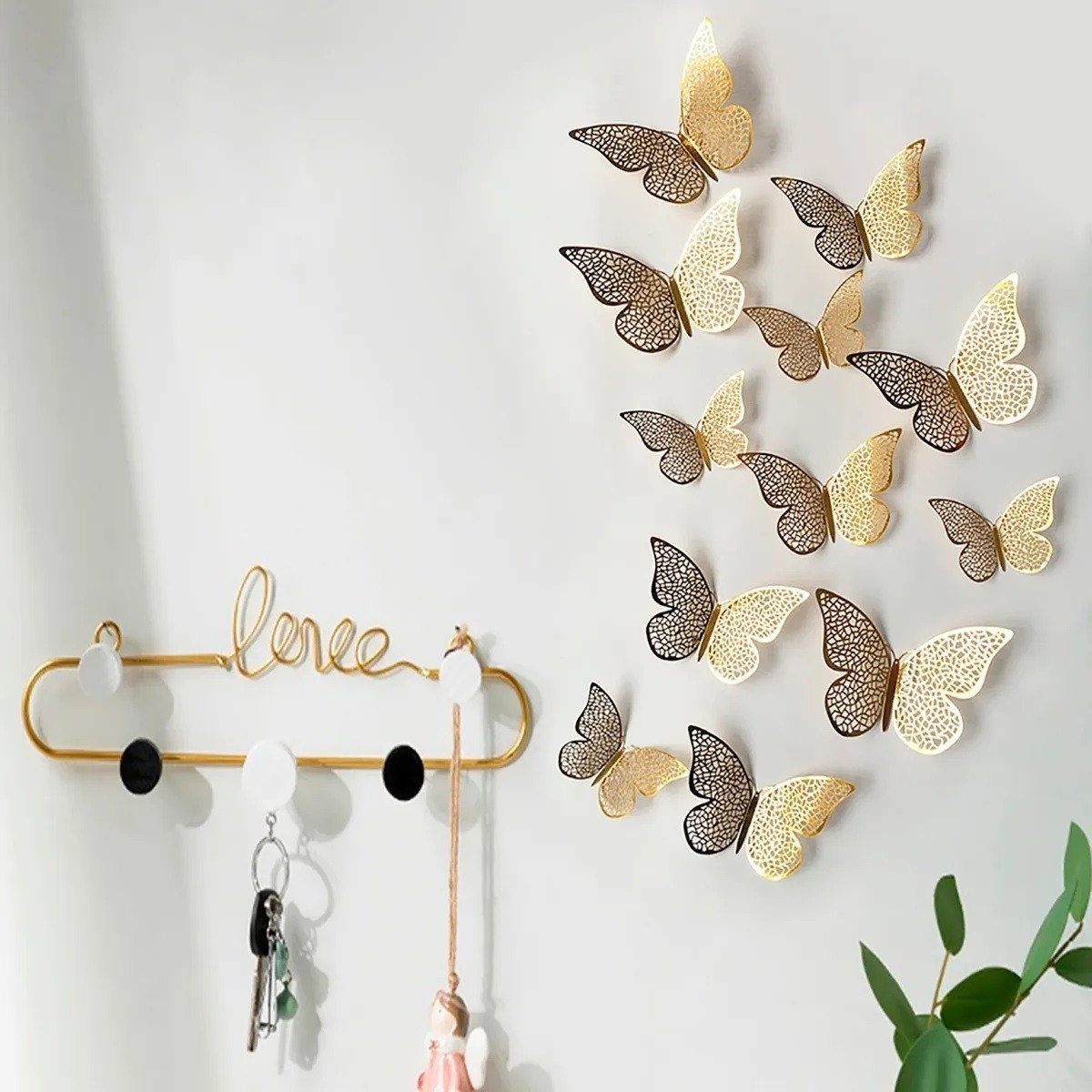 12 Mariposas Decorativas 3d Metalizadas Adhesivas Doradas - Imagen 2