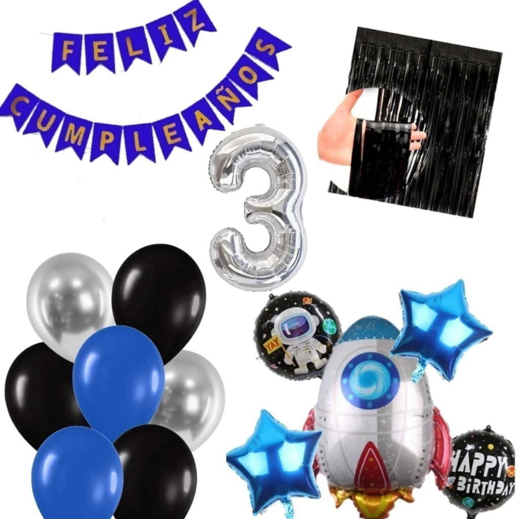 Bouquet Globos Feston Azul Cohete Cortina Espacial Niño Top - Imagen 3