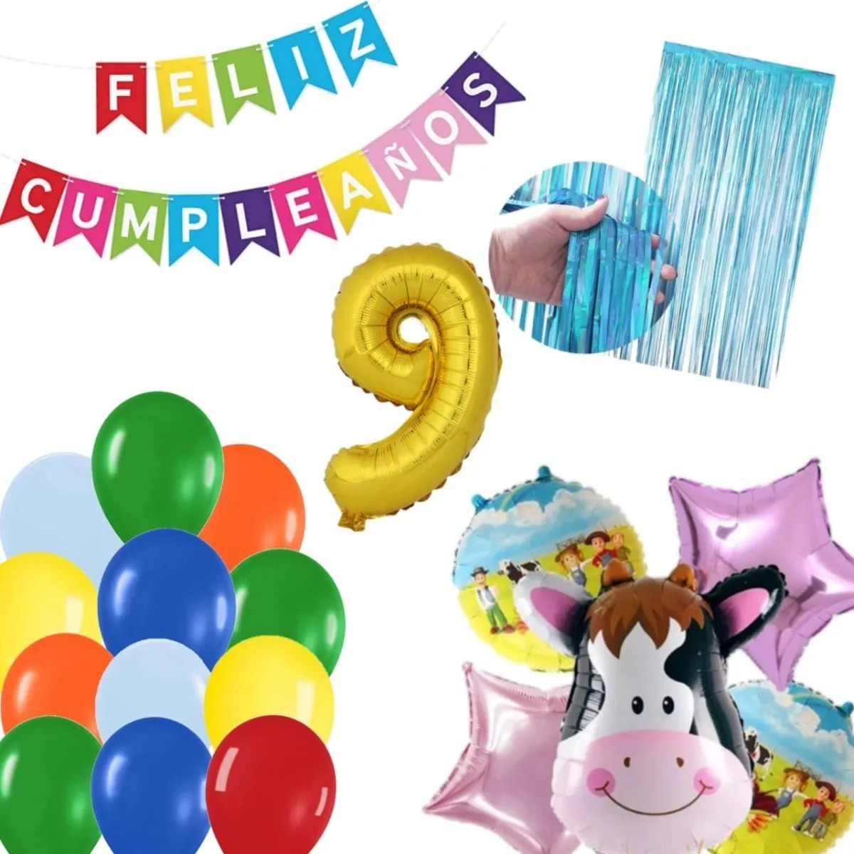 Kit Globos Decoracion Vaca Granja Numero Cortina Azul Dorado - Imagen 5