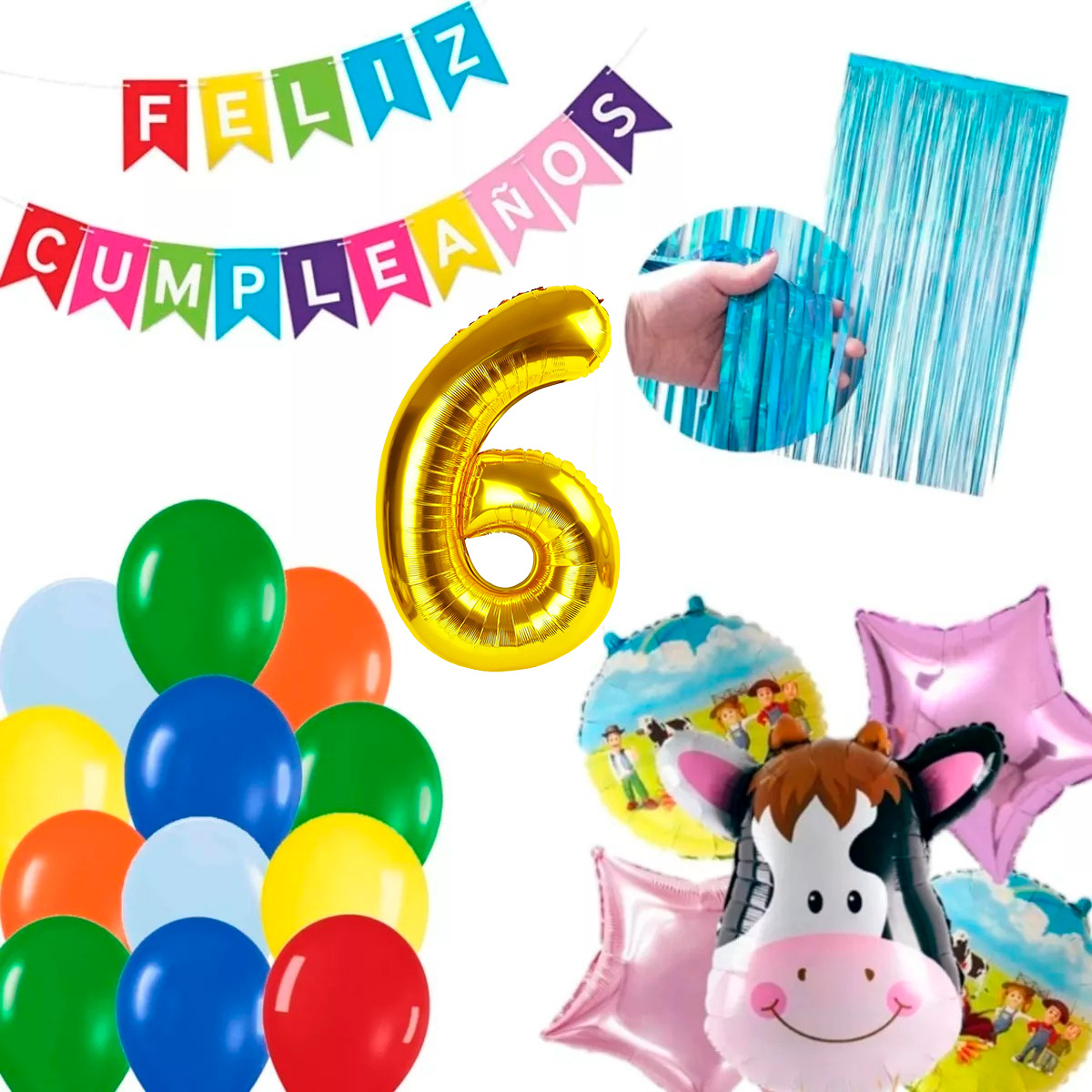 Kit Globos Decoracion Vaca Granja Numero Cortina Azul Dorado - Imagen 9