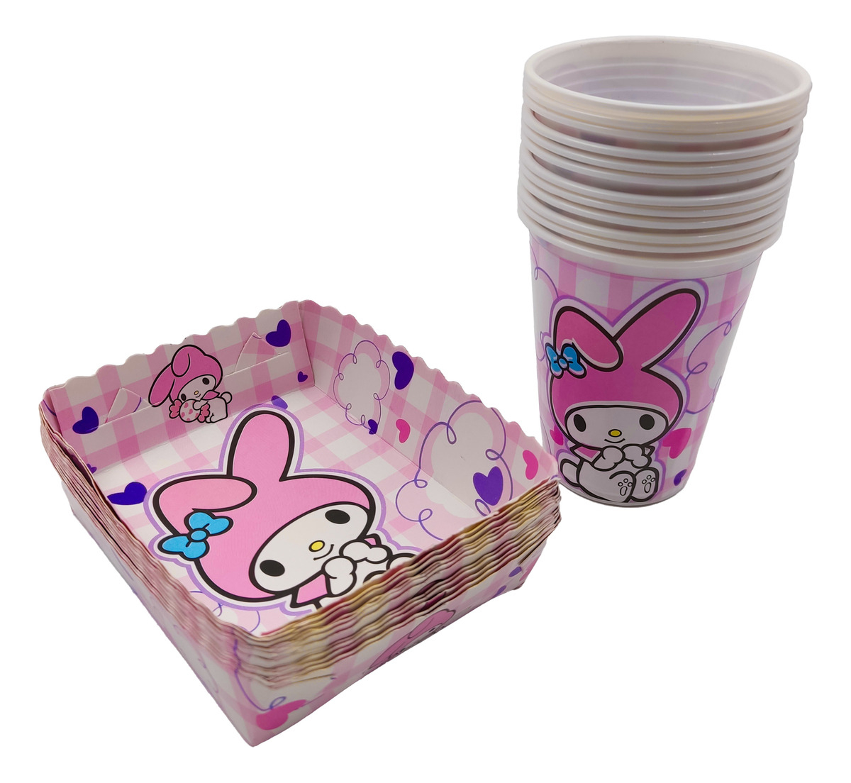 Kit 12 Vasos Platos Sanrio Melody Kitty Kuromi Rosa Niña