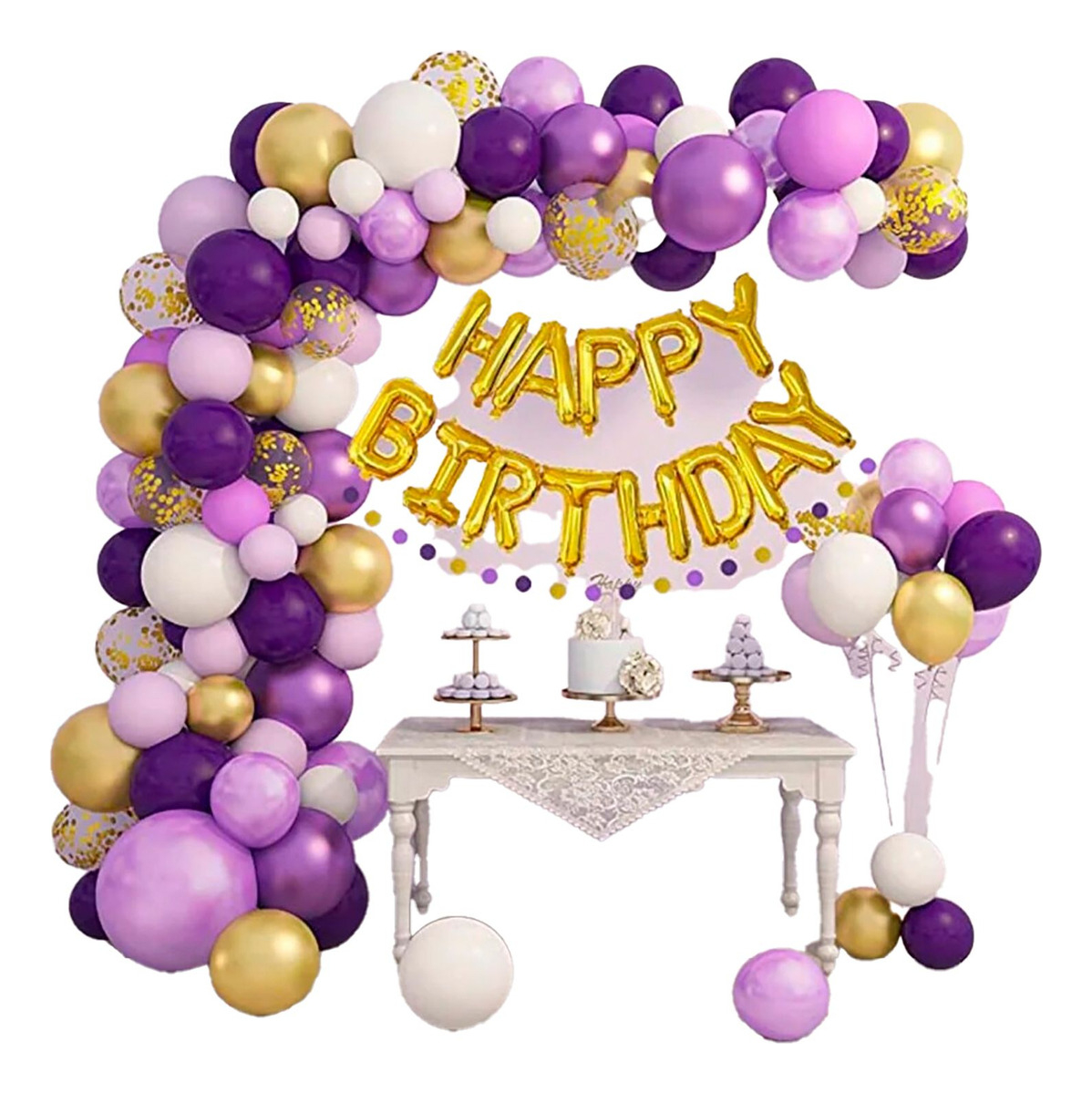 Arco Globos Cumpleaños Dorado Morado Blanco Letrero Comprar