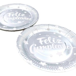 Plato Plateado Metalizado Feliz Cumpleaños X 10 Unidades