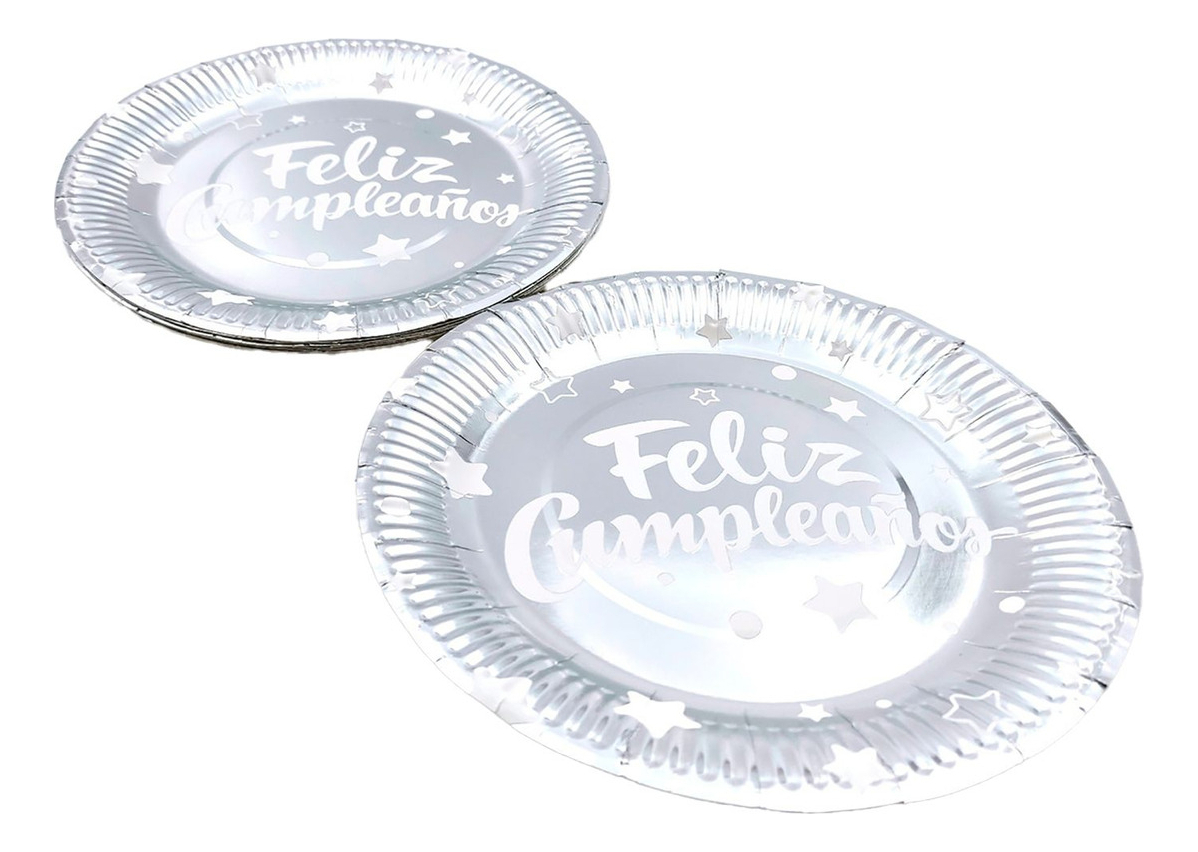 Plato Plateado Metalizado Feliz Cumpleaños X 10 Unidades