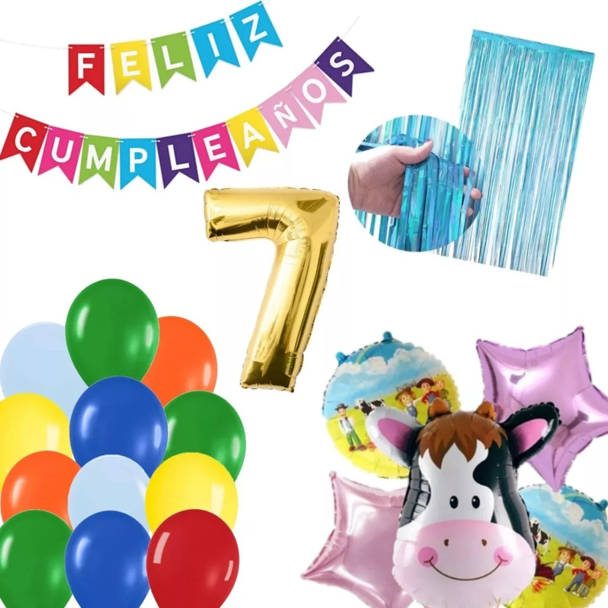 Kit Globos Decoracion Vaca Granja Numero Cortina Azul Dorado - Imagen 6