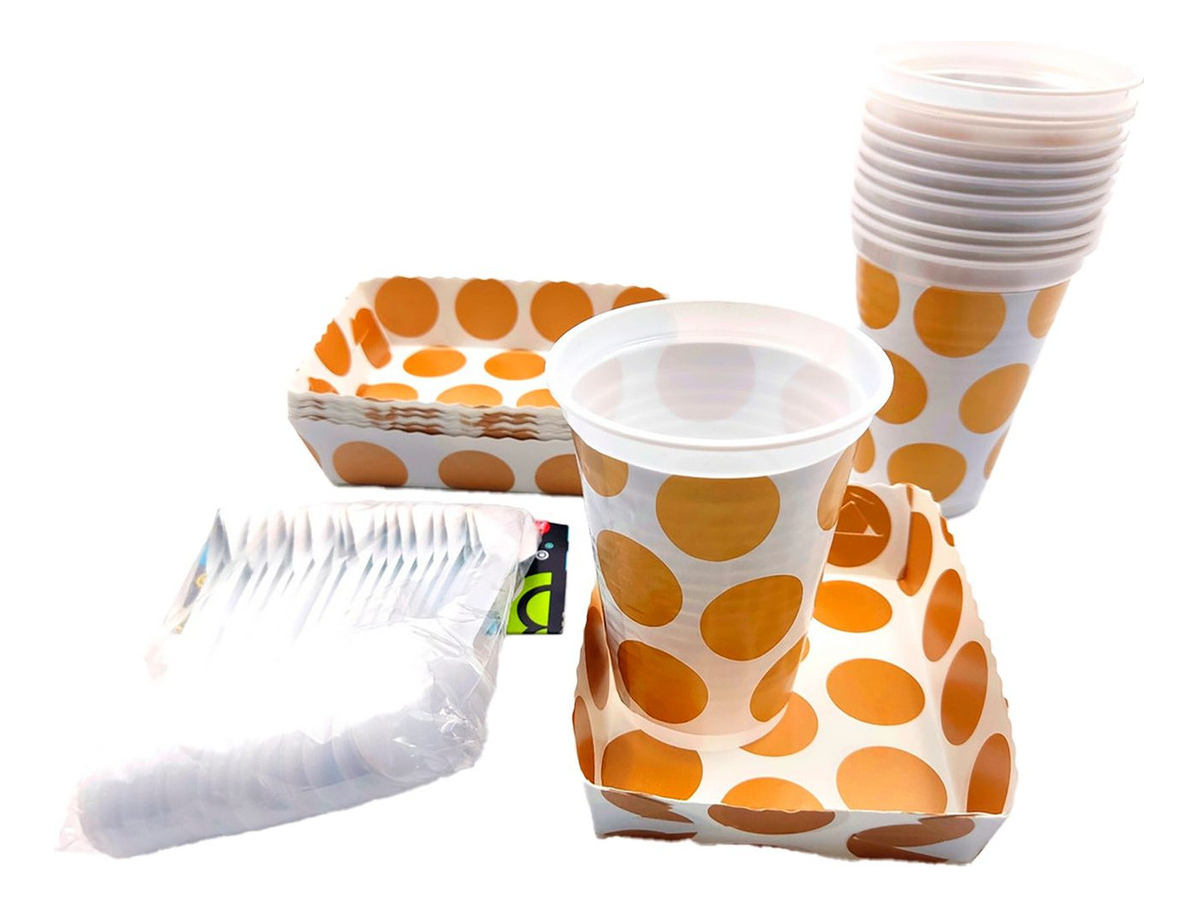 Kit Vasos Platos Cubiertos Puntos Dorados Polka X12 Units
