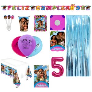 Kit Fiesta Moana Hawai Vasos Platos Mantel Numero Cortina