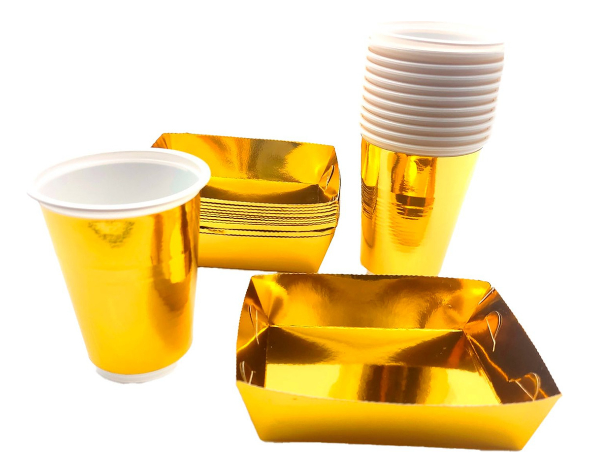 Kit Vasos Platos Cuadrado Dorado Metalizado X 10 Personas