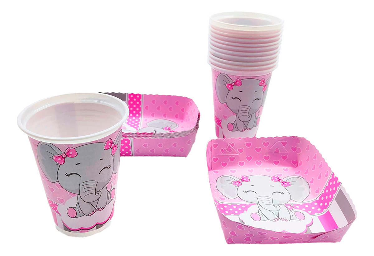 Kit 12 Vasos Platos Decorativos Baby Shower Elefante Niña