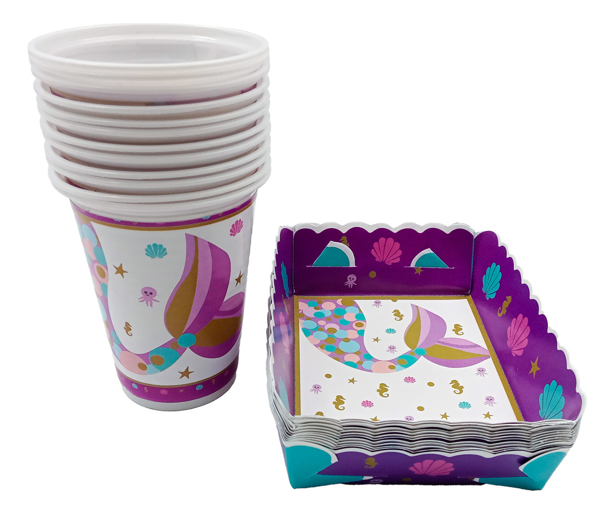 Kit Platos Vasos Ponque Cola Sirena Sirenita Ariel Marino