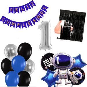 Bouquet Globos Festón Azul Astronauta Cortina Espacial Niño