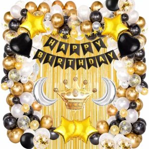 Kit Arco Globo Decoracion Feliz Cumpleaños Luna Dorado Negro
