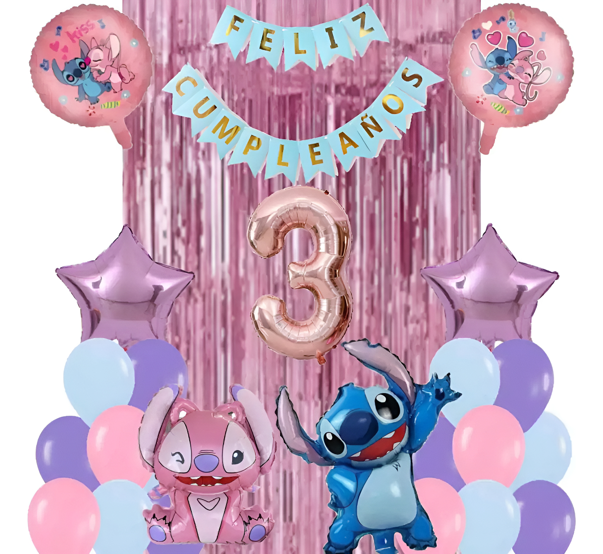 Bouquet Globos Niña Stitch Angel Cortina Numero Feston Ya - Imagen 4