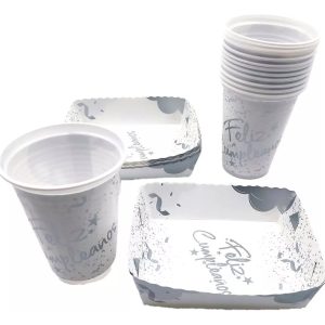 Kit Fiesta Vasos Platos Blanco Plateado Cumpleaños X12 Envío