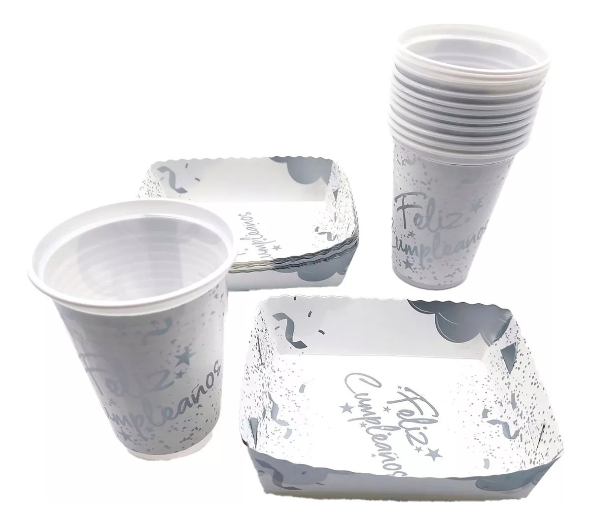 Kit Fiesta Vasos Platos Blanco Plateado Cumpleaños X12 Envío