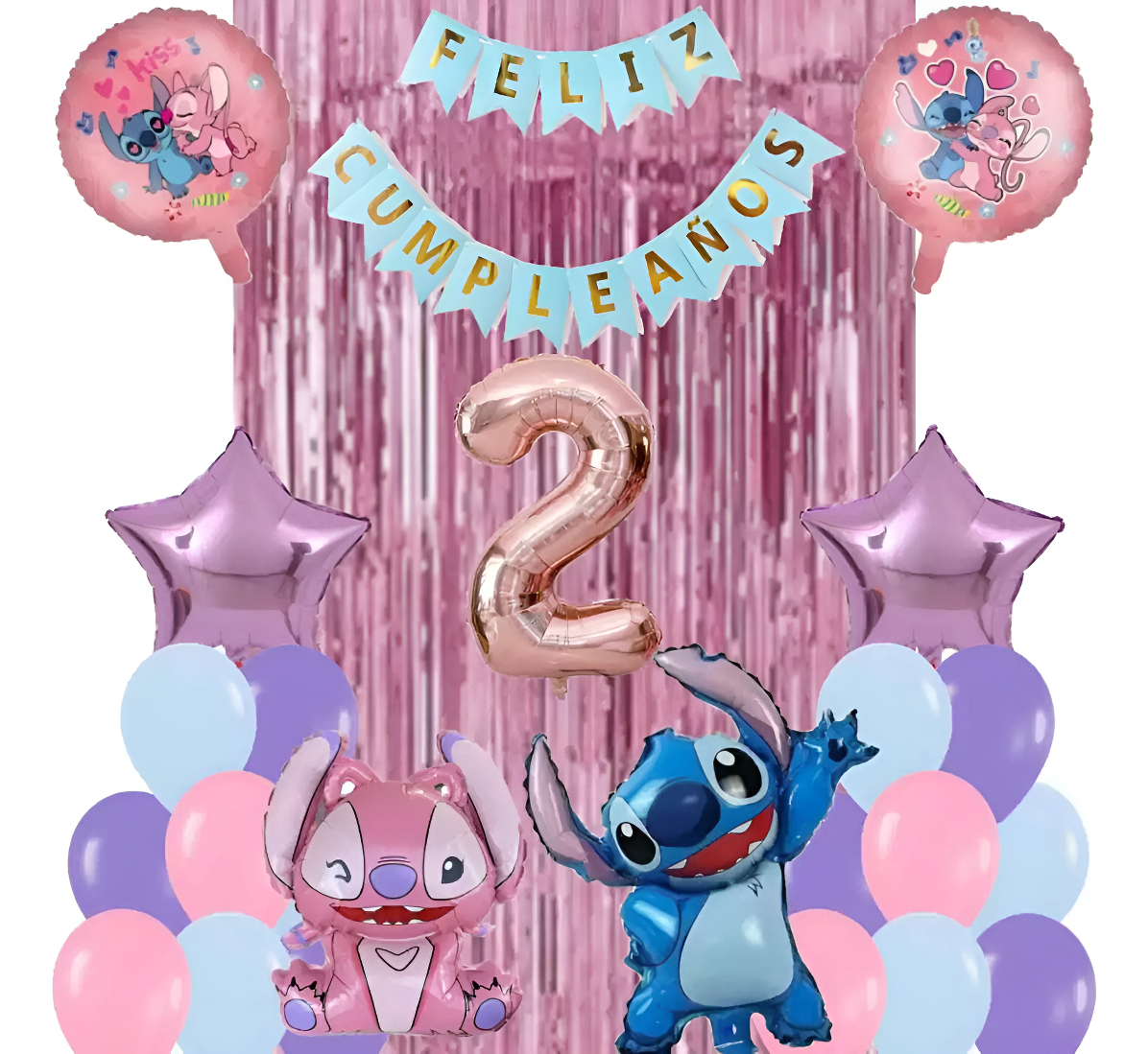 Bouquet Globos Niña Stitch Angel Cortina Numero Feston Ya - Imagen 3