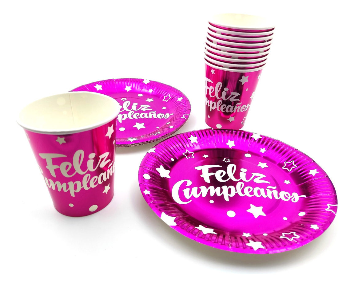 Kit Fucsia Feliz Cumpleaños Metalizado X10 Personas Promo - Imagen 2