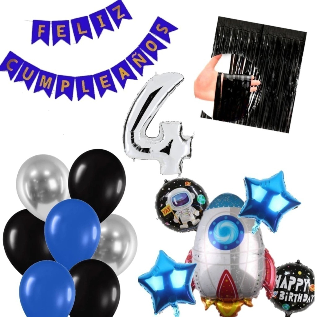 Bouquet Globos Feston Azul Cohete Cortina Espacial Niño Top - Imagen 4