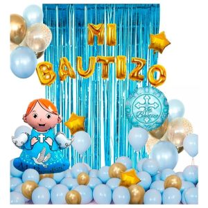 Decoracion Globos Bautizo Azul Niño Dorado Cortina Oferta