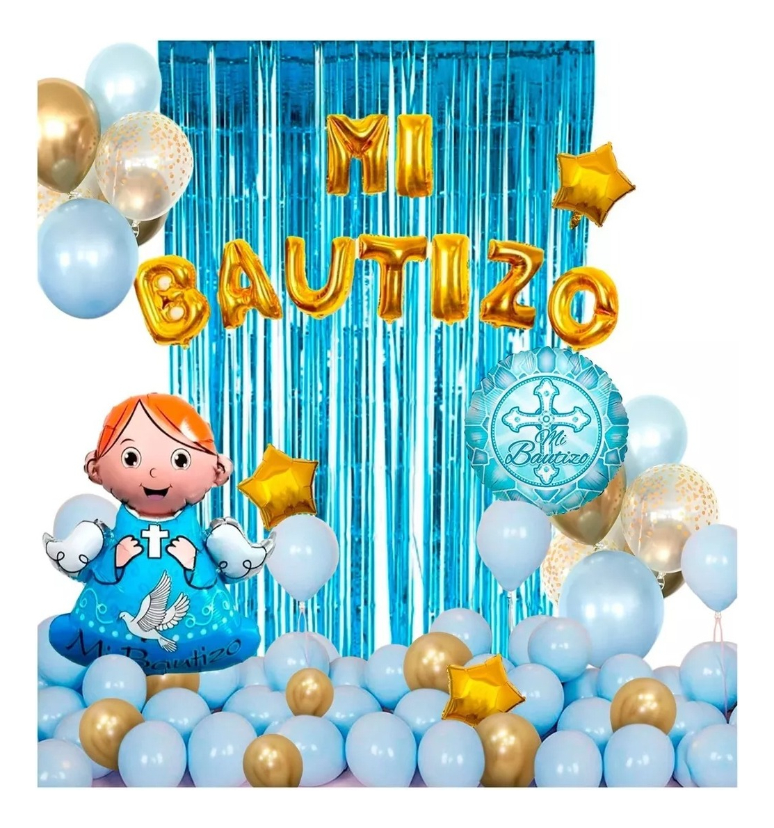Decoracion Globos Bautizo Azul Niño Dorado Cortina Oferta